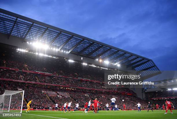 General view inside the stadium during the Premier League match between Liverpool and Tottenham Hotspur at Anfield on May 07, 2022 in Liverpool,...