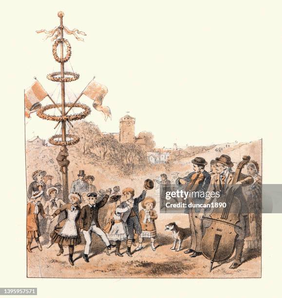 szenen von einem traditionellen englischen dorffest, kinder, die um den maibaum tanzen, viktorianisches 19. jahrhundert - maypole stock-grafiken, -clipart, -cartoons und -symbole