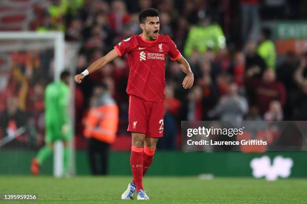 Luis Diaz of Liverpool celebrates after scoring their team's first goal during the Premier League match between Liverpool and Tottenham Hotspur at...