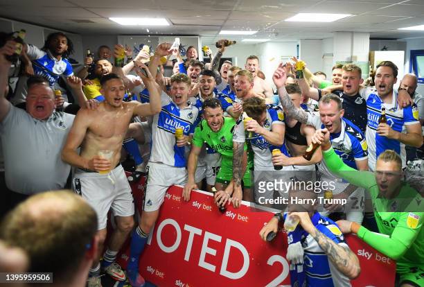 Players of Bristol Rovers celebrate following promotion to League One following the Sky Bet League Two match between Bristol Rovers and Scunthorpe...