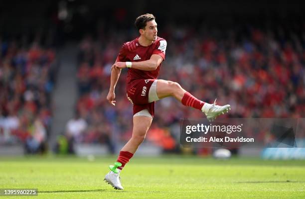 Joey Carbery of Munster kicks a conversion during the Heineken Champions Cup Quarter Final match between Munster Rugby and Stade Toulousain at Aviva...