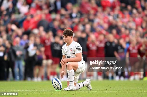 Antoine Dupont of Stade Toulousain lines up a shot in the shoot out during the Heineken Champions Cup Quarter Final match between Munster Rugby and...