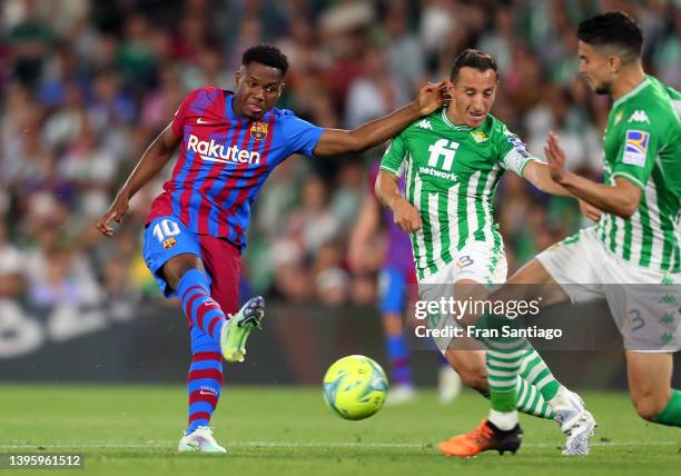 Ansu Fati of FC Barcelona scores their team's first goal during the La Liga Santander match between Real Betis and FC Barcelona at Estadio Benito...