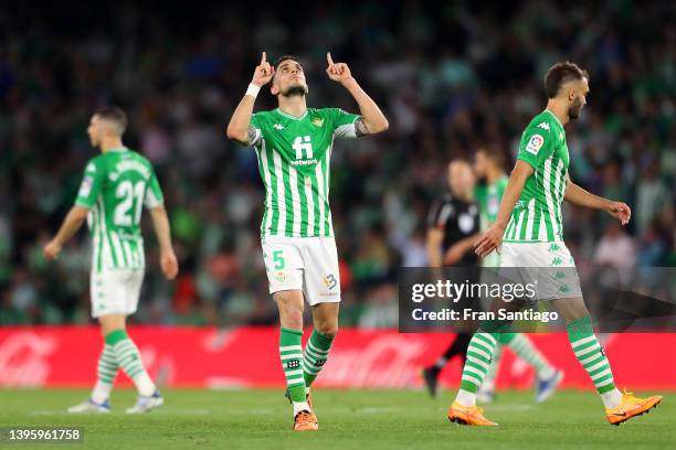 Marc Bartra of Real Betis celebrates after scoring their team's first goal during the La Liga Santander match between Real Betis and FC Barcelona at...