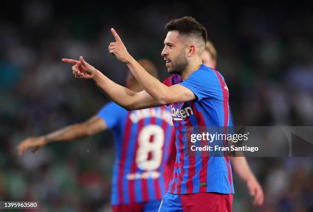 Jordi Alba of FC Barcelona celebrates after scoring his team's second goal during the La Liga Santander match between Real Betis and FC Barcelona at...