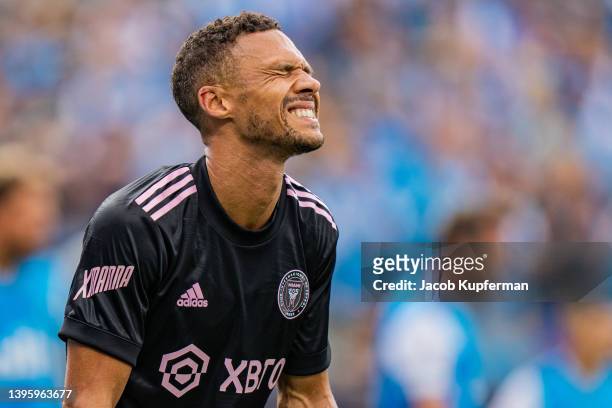 Kieran Gibbs of Inter Miami reacts after his shot was saved in the first half during their game against Charlotte FC at Bank of America Stadium on...