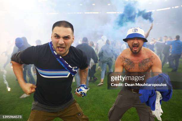Fans of FC Schalke 04 celebrate following victory during the Second Bundesliga match between FC Schalke 04 and FC St. Pauli at Veltins Arena on May...