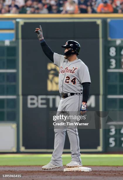 Miguel Cabrera of the Detroit Tigers reacts after a two RBI double in the third inning against the Houston Astros at Minute Maid Park on May 07, 2022...