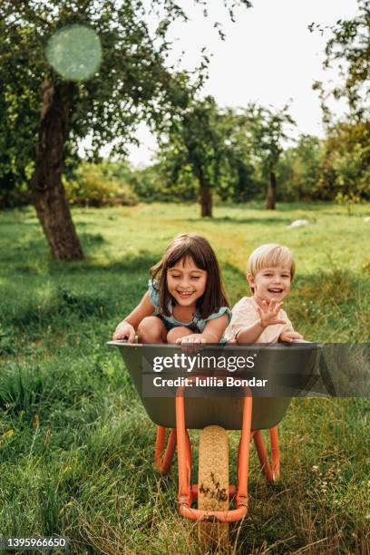 kids having fun with wheelbarrow - quirky family stockfoto's en -beelden