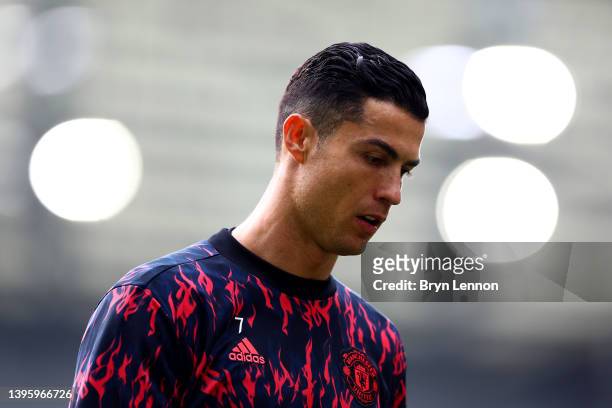 Cristiano Ronaldo of Manchester United looks on during warm up for the Premier League match between Brighton & Hove Albion and Manchester United at...