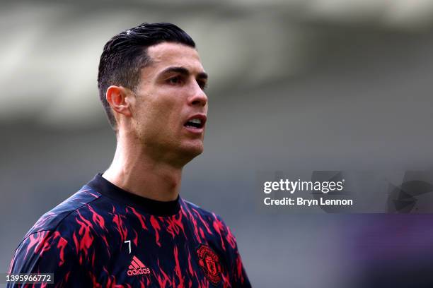 Cristiano Ronaldo of Manchester United looks on during warm up for the Premier League match between Brighton & Hove Albion and Manchester United at...