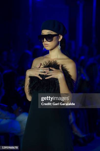 Model walks the runway at the Es Fascinante fashion Show during San Sebastian Moda Festival Spring-Summer 2022 at San Telmo Museum on May 07, 2022 in...