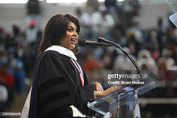 Commencement speaker Taraji P. Henson receives honorary degree during Howard University 2022 Commencement at Howard University on May 07, 2022 in...