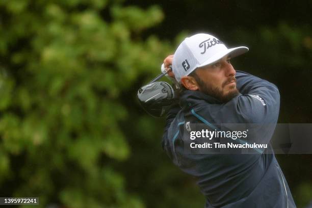 Max Homa of the United States plays his shot from the 16th tee during the third round of the Wells Fargo Championship at TPC Potomac Clubhouse on May...