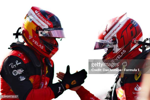 Pole position qualifier Charles Leclerc of Monaco and Ferrari and Second placed qualifier Carlos Sainz of Spain and Ferrari celebrate in parc ferme...