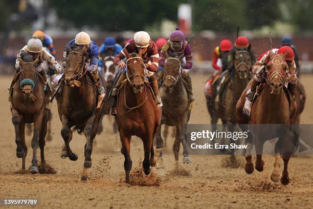 Rich Strike with Sonny Leon up wins the 148th running of the Kentucky Derby followed by Epicenter with Joel Rosario up at Churchill Downs on May 07,...