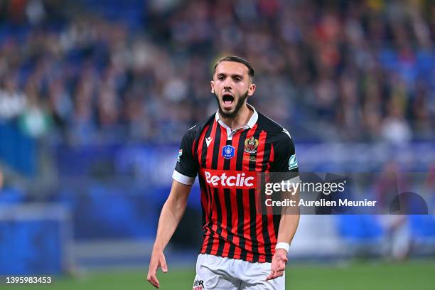 Amine Gouiri of OGC Nice reacts during the French Final Cup match between OGC Nice and FC Nantes at Stade de France on May 07, 2022 in Paris, France.