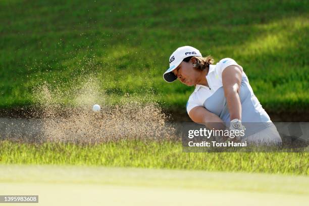 Ai Suzuki of Japan hits out from a bunker on the 2nd hole during the final round of World Ladies Championship Salonpas Cup at Ibaraki Golf Club on...