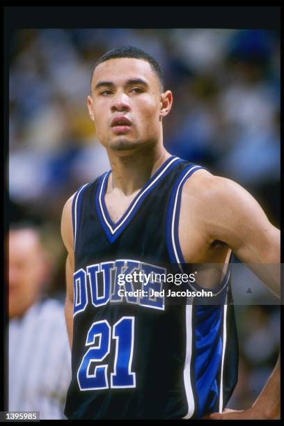 Guard Trajan Langdon of the Duke Blue Devils stands on the court during a game against the California at Los Angeles Bruins at the Pauley Pavilion in...