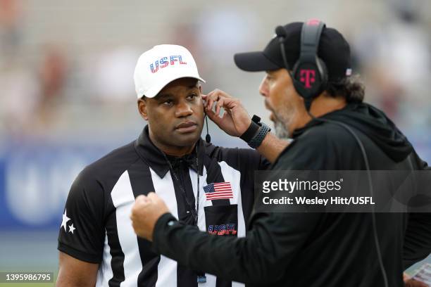 Head coach Todd Haley of Tampa Bay Bandits argues a call with the referee during the first quarter against the Birmingham Stallions at Protective...