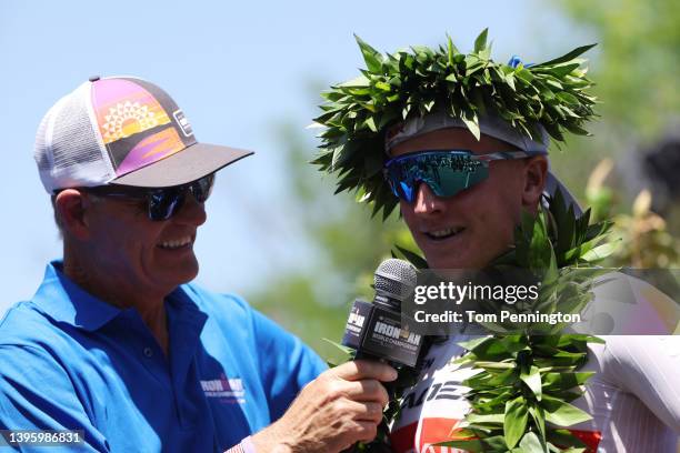 Kristian Blummenfelt of Norway is interviewed by Mike Rielly after winning the 2021 IRONMAN World Championship on May 07, 2022 in St George, Utah.