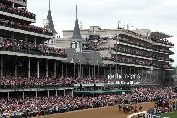 Jockey Sonny Leon reacts as Rich Strike wins the 148th running of the Kentucky Derby at Churchill Downs on May 07, 2022 in Louisville, Kentucky.