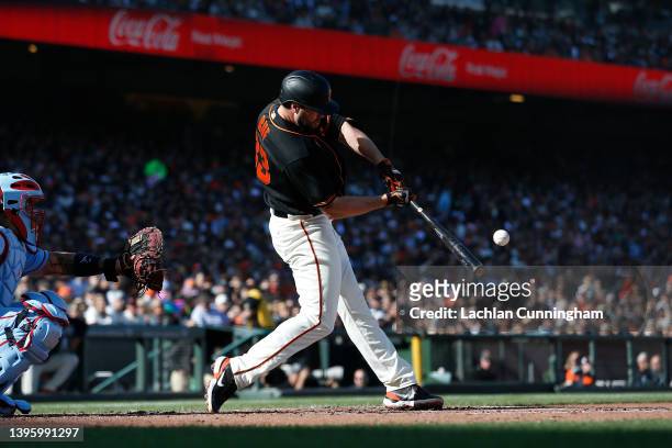 Darin Ruf of the San Francisco Giants hits a two-run home run in the bottom of the second inning against the St. Louis Cardinals at Oracle Park on...