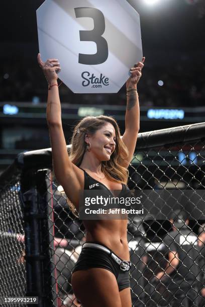 Octagon Girl Brittney Palmer introduces a round during the UFC 274 event at Footprint Center on May 07, 2022 in Phoenix, Arizona.