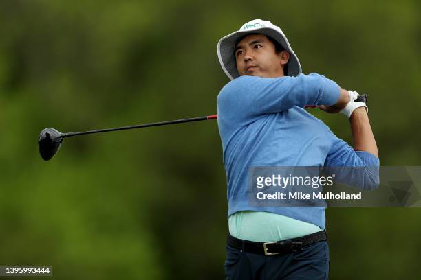 Zecheng Dou of China hits his tee shot on the seventh hole during the third round of the Simmons Bank Open for the Snedeker Foundation at The Grove...