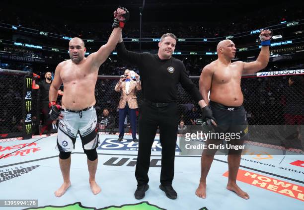 Blagoy Ivanov of Bulgaria reacts after his victory over Marcos Rogerio de Lima of Brazil in a heavyweight fight during the UFC 274 event at Footprint...