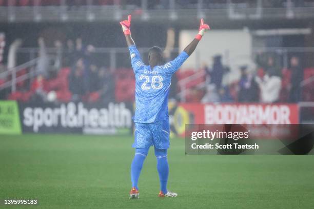 May 07: Bill Hamid of D.C. United celebrates after Taxiarchis Fountas scores a goal against Houston Dynamo during the first half of the MLS game at...