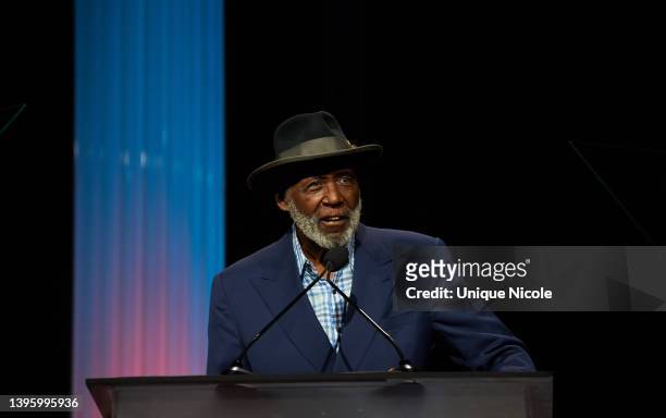 Richard Roundtree speaks at at LA Focus’ 24th Annual First Ladies High Tea on The Beverly Hilton on May 07, 2022 in Beverly Hills, California.