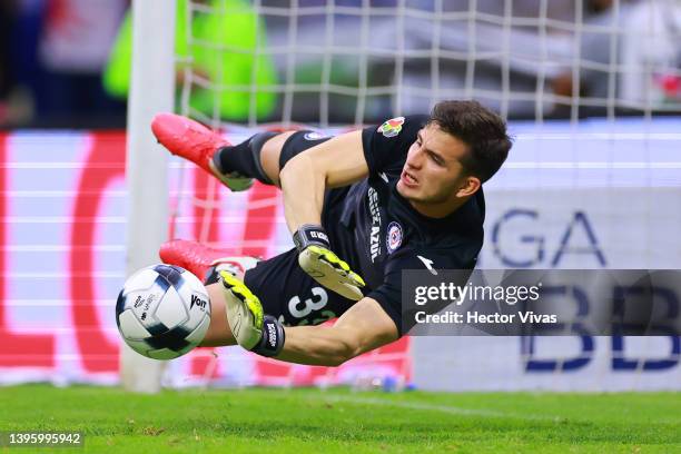 Sebastian Jurado of Cruz Azul stops a penalty shot during the playoff match between Cruz Azul and Necaxa as part of the Torneo Grita Mexico C22 Liga...