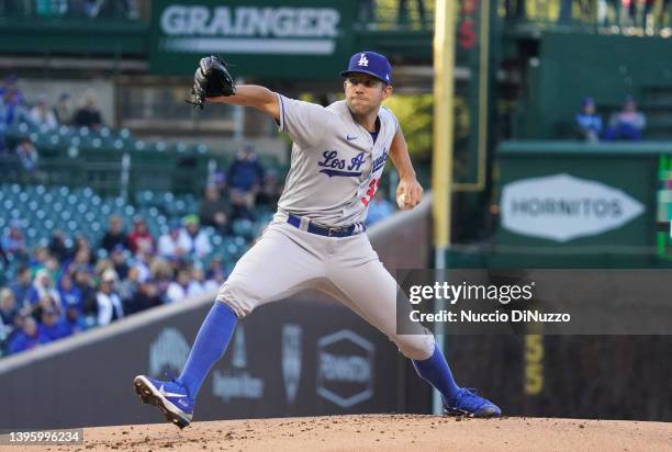 Tyler Anderson of the Los Angeles Dodgers throws a pitch during the first inning of Game Two of a doubleheader at Wrigley Field on May 07, 2022 in...