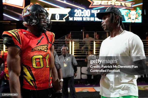 Terrell Owens of the Zappers and Julio Jones talk prior to a game between the Zappers and Beasts during Fan Controlled Football Season v2.0 - Week...