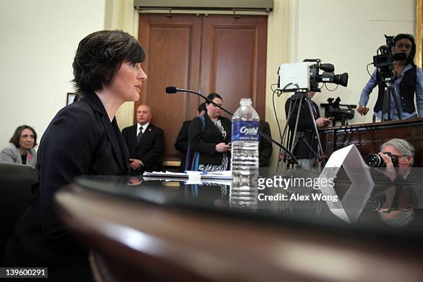 Sandra Fluke, a third-year law student at Georgetown University, testifies during a hearing before the House Democratic Steering and Policy Committee...