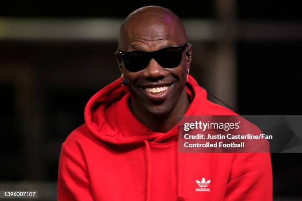 Terrell Owens is seen during a broadcast during Fan Controlled Football Season v2.0 - Week Four on May 07, 2022 in Atlanta, Georgia.