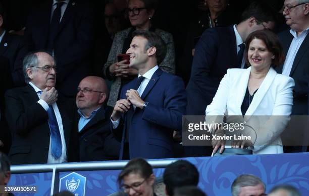 Noel Le Graet of FFF, French president Emmanuel Macron and sport minister Roxana Maracineanu attend the French Cup Final between FC Nantes and OGC...