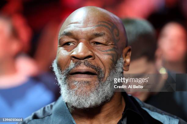 Former boxer Mike Tyson attends the junior welterweight bout between Montana Love and Gabriel Gollaz Valenzuela at T-Mobile Arena on May 07, 2022 in...