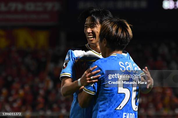 Yuki Otsu of Jubilo Iwata celebrates the first goal during the J.LEAGUE Meiji Yasuda J1 10th Sec. Match between Jubilo Iwata and Nagoya Grampus at...