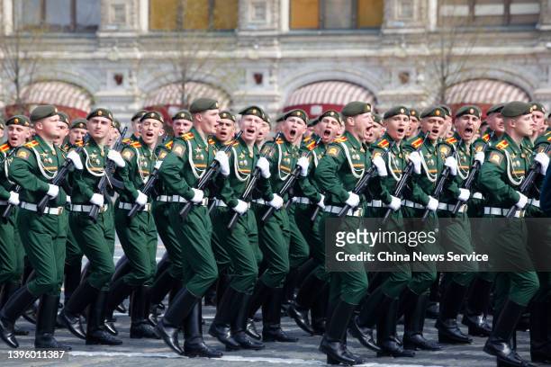 Russian officers march during a rehearsal of the Victory Day parade on May 7, 2022 in Moscow, Russia.
