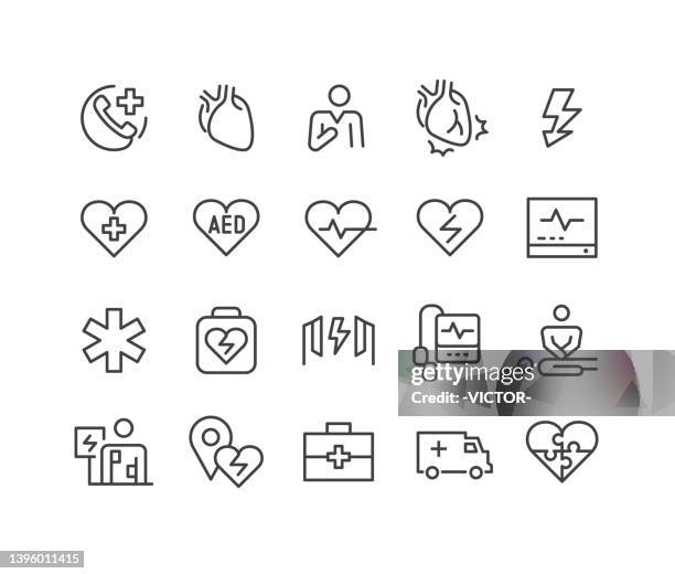 aed and emergency icons - classic line series - emergency services equipment stock illustrations