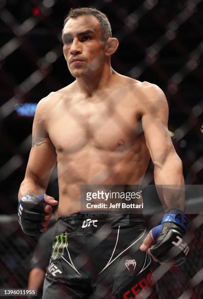 Tony Ferguson prepares to fight Michael Chandler in a lightweight fight during the UFC 274 event at Footprint Center on May 07, 2022 in Phoenix,...