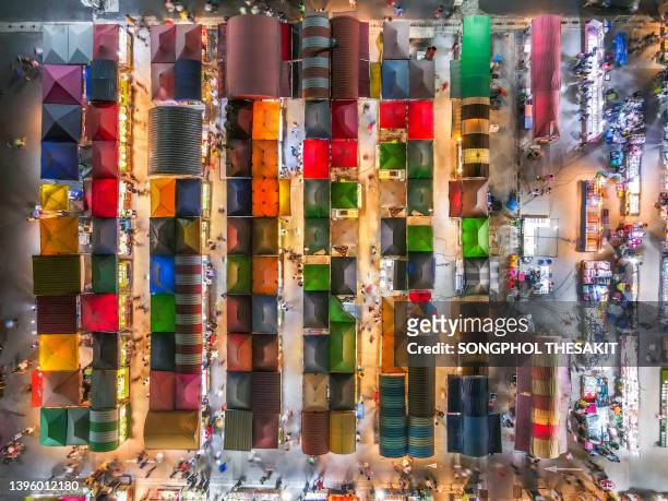 aerial view/a popular night market for tourists to shop or eat. - town square market stock pictures, royalty-free photos & images