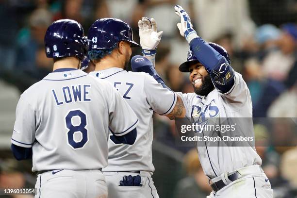 Manuel Margot of the Tampa Bay Rays celebrates his grand slam against the Seattle Mariners during the eighth inning at T-Mobile Park on May 07, 2022...