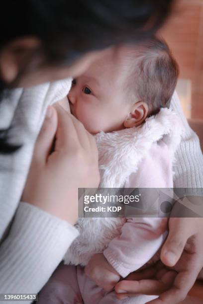close-up of mother breastfeeding newborn baby in the bedroom. - giving a girl head fotografías e imágenes de stock