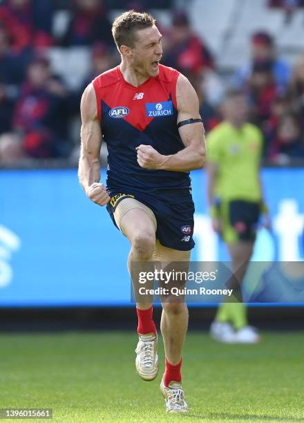 Tom McDonald of the Demons celebrates kicking a goal during the round eight AFL match between the Melbourne Demons and the St Kilda Saints at...