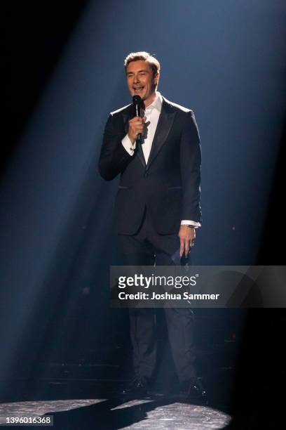 Marco Schreyl is seen on stage during the finals of the TV competition "Deutschland sucht den Superstar" season 19 at MMC Studios on May 07, 2022 in...