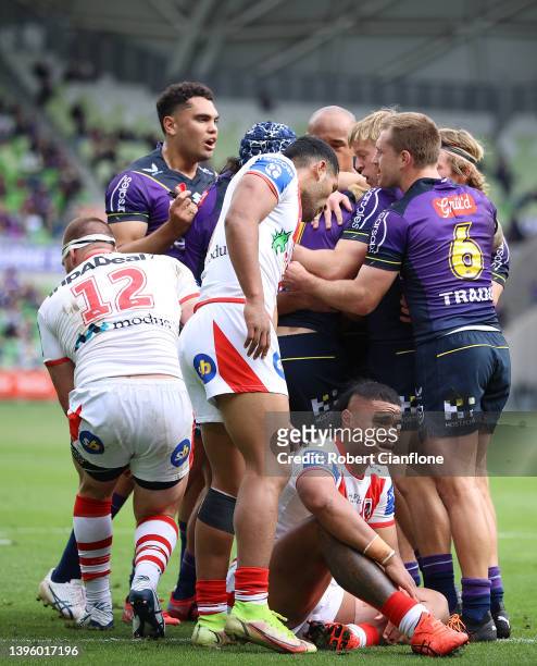 Ryan Papenhuyzen of the Storm celebrates after scoring a try during the round nine NRL match between the Melbourne Storm and the St George Illawarra...