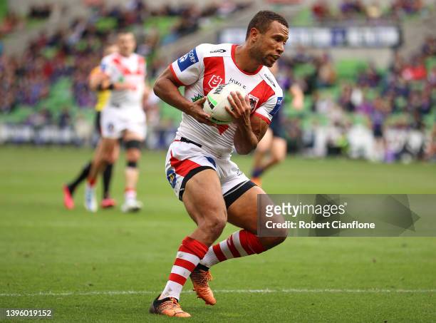 Moses Mbye of the Dragons controls the ball during the round nine NRL match between the Melbourne Storm and the St George Illawarra Dragons at AAMI...